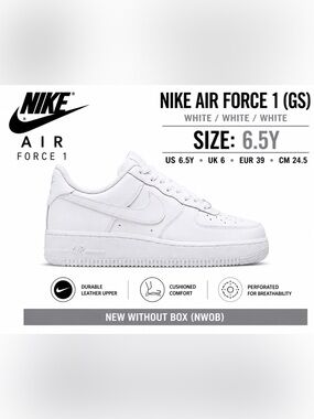 Nike Air Force 1 Low GS Triple White Sneakers Size 6.5Y NWOB